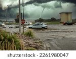 natural disasters global storms with heavy winds and flooded streets, in cities around the world