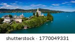 Scenic landscape in in the Alps, Tyrol, Austria in summer, Maria Wörth at lake of Worther See near Klagenfurt.