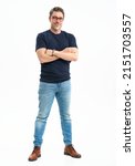 Small photo of Middle age casual man in jeans and t-shirt. Mid adult, mature age man, happy smiling. Full length portrait isolated on white.