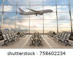 Empty airport terminal lounge with airplane on background. 3d illustration 