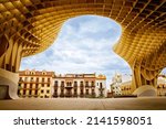 Metropol Parasol wooden structure located in the old quarter of Seville, Spain. Empty place without people.