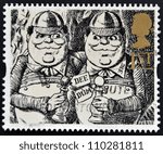 Small photo of UNITED KINGDOM - CIRCA 1993: A stamp printed in Great Britain shows Tweedledum and Tweedledee (Alice Through the Looking-Glass), circa 1993
