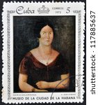 Small photo of CUBA - CIRCA 1972: A stamp printed in Cuba dedicated to paintings Museum of city Havana, shows painting of V. Escobar - Portrait of Maria Galarraga, circa 1972