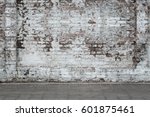 Urban background, white ruined industrial brick wall with copy space