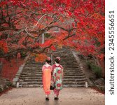 Small photo of Japanese Gaisha in Traditional Kimono Dress at the Entrance of Homangu Kamado with Scenic Autumn Leaves in Fukuoka, Japan