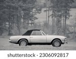 Classic oldtimer vintage luxury sports cabrio car of the 1960s - 1970s on a country road in a forest.