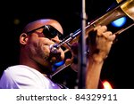 Small photo of SEATTLE - SEPT 3: Troy Andrews of Trombone Shorty & Orleans Avenue performs on stage during the Bumbershoot Music festival in Seattle, Washington on September 3, 2011.