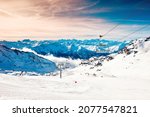 Ski resort in winter Alps mountains, France. View of ski slopes and ski lift. Val Thorens, France. Winter landscape