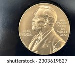 Small photo of CANBERRA - MAR 15 2023:Nobel Prize medal.Awarded for contributions that have conferred the greatest benefit to humankind in the areas of Physics, Chemistry, Medicine, Literature, Economics and Peace.
