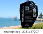 Small photo of TOWNSVILLE, QLD - MAY 10 2023:Marine stingers first aid.Box jellyfish is one of the most potent stingers in Australia. It responsible for 70 deaths by wrapping 3m tentacles around the victims.
