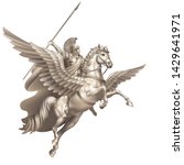 Raster version / Hero of ancient myths Bellerophon riding on Pegasus on a white background