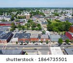 Aerial view of historic commercial buildings on Main Street in downtown Peabody, Massachusetts MA, USA. 