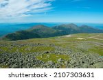 Presidential Range including Mount Jefferson (left), Mount Adams (middle), and Mount Madison (right) in summer from summit of Mount Washington, White Mountains, New Hampshire NH, USA. 