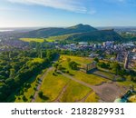 Holyrood Park and Holyrood Palace aerial view from Calton Hill in Edinburgh, Scotland, UK. Old town Edinburgh is a UNESCO World Heritage Site since 1995. 