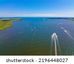 Small photo of Connecticut River aerial view at the mouth of the river between town of Old Saybrook and Old Lyme, Connecticut CT, USA.