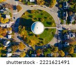 Arlington Reservoir aerial view in fall on Park Circle in town of Arlington, Massachusetts MA, USA. This water tower was built in 1920 with Classical Revival style. 
