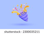 3d party poppers icon with flying confetti and stars. Firecracker 3d with ribbon explode for promo surprise. 3d promo icon vector render illustration