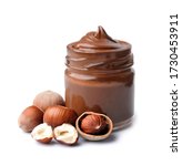 Small photo of Chocolate spread with filbert nuts isolated on white backgrounds.