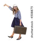 Small photo of Retro Gymnasia pupil girl with a big suitcase