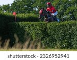 Small photo of WROCLAW, POLAND - JUNE 4; 2023: Racecourse WTWK Partynice. International race with obstacles for four years old horses. Jockey Niklas Loven on horse Et Tu Brute.