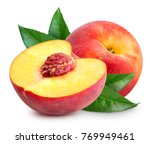 Peach fruit half with leaf isolated on white background