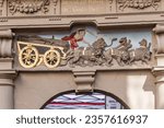 Small photo of Amsterdam, The Netherland - September 5, 2023: Rasphuis Gate, made by Hendrick de Keyser. Relief above arch depicts a chariot laden with Brazilian wood pulled by lions, bears, wild boars and tigers.