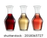 Three carafes with red, white and rose wine on white background