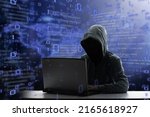 Hacker at laptop. Malware and virus danger. Man in hoodie and dark mask hacking. Dark net and cyber crime. Identity theft. Criminal at work.  