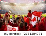 Small photo of Canada football supporter on stadium. Canadian fans on soccer pitch watching team play. Group of supporters with flag and national jersey cheering for Canada. Championship game.