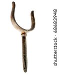 Small photo of Antique rusty rowlock on white background