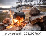 Coffe pot on campfire, Lappland, Finnland, Northen Europe