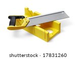Small photo of A yellow miter box and a backsaw on white