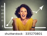 Young successful business woman pumping fists happy with wealth growth celebrates screaming isolated on gray wall background with growing graph. Financial freedom target success concept