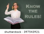 Teacher holds rule book know the rules message classroom lecture discipline motivational card