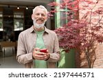 Small photo of Smiling gray-haired older middle aged bearded man using mobile phone outdoors. Happy old senior adult male user holding cellphone texting on smartphone looking at camera standing outside.