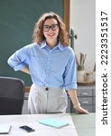 Small photo of Young happy woman school professional teacher, female instructor coach standing at desk in front of chalkboard in classroom working in office presenting business education training, vertical portrait.