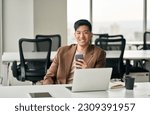 Small photo of Young happy smiling professional Asian Japanese business man manager executive holding smartphone using mobile cell phone looking at camera working in office with digital cellular technology.