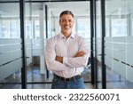 Happy confident mature latin business man standing in office hall, portrait. Smiling mid aged older corporate manager, successful professional executive investor looking at camera with arms crossed.