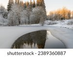 Open water in a frozen pond in winter