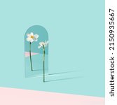 Small photo of Narcissus flower reflecting in the mirror on the light blue and pink background. Self admiration, individuality minimal concept.