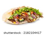 Small photo of Doner Kebab Doner Kebap fast food in flatbread isolated on a white background snack