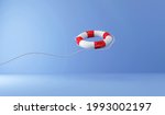 Red Lifebuoy With Rope On Blue...
