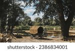 Small photo of , Ungraded, Canon, C-log. Russian Soviet World War Ii Peasant Cart On River Bank. Wwii Equipment Of Red Army.