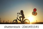 Small photo of girl kid silhouette bike riding on a park. kid girl rides a bike in nature in park on the road. happy family kid dream concept. daughter plays a bike lifestyle rides on a sandy road