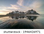 Sunset at Vestrahorn Mountain and Stokksnes beach. Vestrahorn is a popular tourist attraction along the ring road in Eastern Iceland.