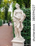 Small photo of ST PETERSBURG, RUSSIA - SEPTEMBER 30, 2015: Clementia statue (Allegory of Mercy) in the Summer Garden, italian sculptor Baratta, 1717. Clementia was the goddess of mercy in Roman mythology.