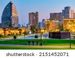 Small photo of View from the Heydar Aliyev Center park with the unfinished Trump International Hotel and Tower, Baku, Azerbaijan