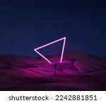 Small photo of Modern futuristic neon abstract background. Large triangle glowing purple object in the center of sand dune and lonely woman silhouette walking in the desert. Dark scene with neon light star gate