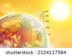 Earth, heat wave, Sun and high temperature environment with weather thermometer. Climate change, Hot climate, Extreme weather concept. Elements of this image furnished by NASA