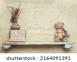 Small photo of toys on a wooden shelf as digital backdrop or background for newborn baby photography, newborn photo setup and decorations. High quality photo